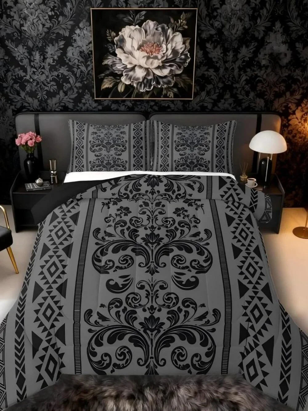 Comforter Set Twin Size,Grey Black Aztec Damask 2 Pcs Bedding for Kids and Adult